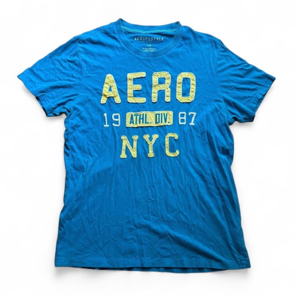 Aeropostale Aero 1987 NYC Graphic T-Shirt Blue Yellow Mens Large Vintage